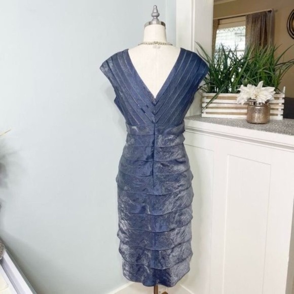 Adrianna Papell Blue Satin Shutter Pleat Tiered Layered Sheath Dress 4 - Picture 6 of 10